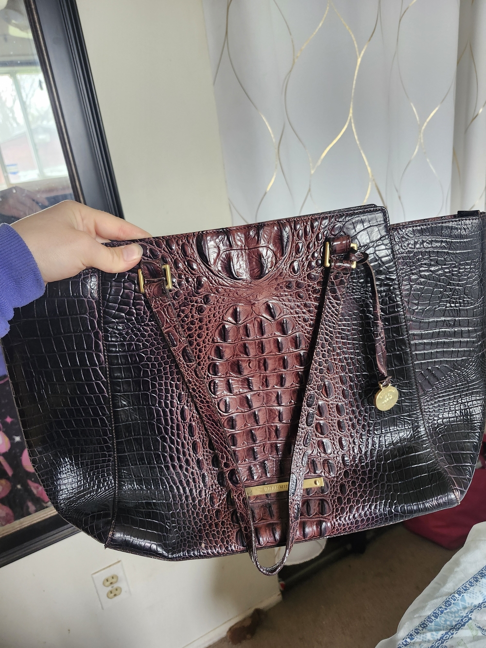 Brahmin Croc-Embossed Tote in Burgundy and Black